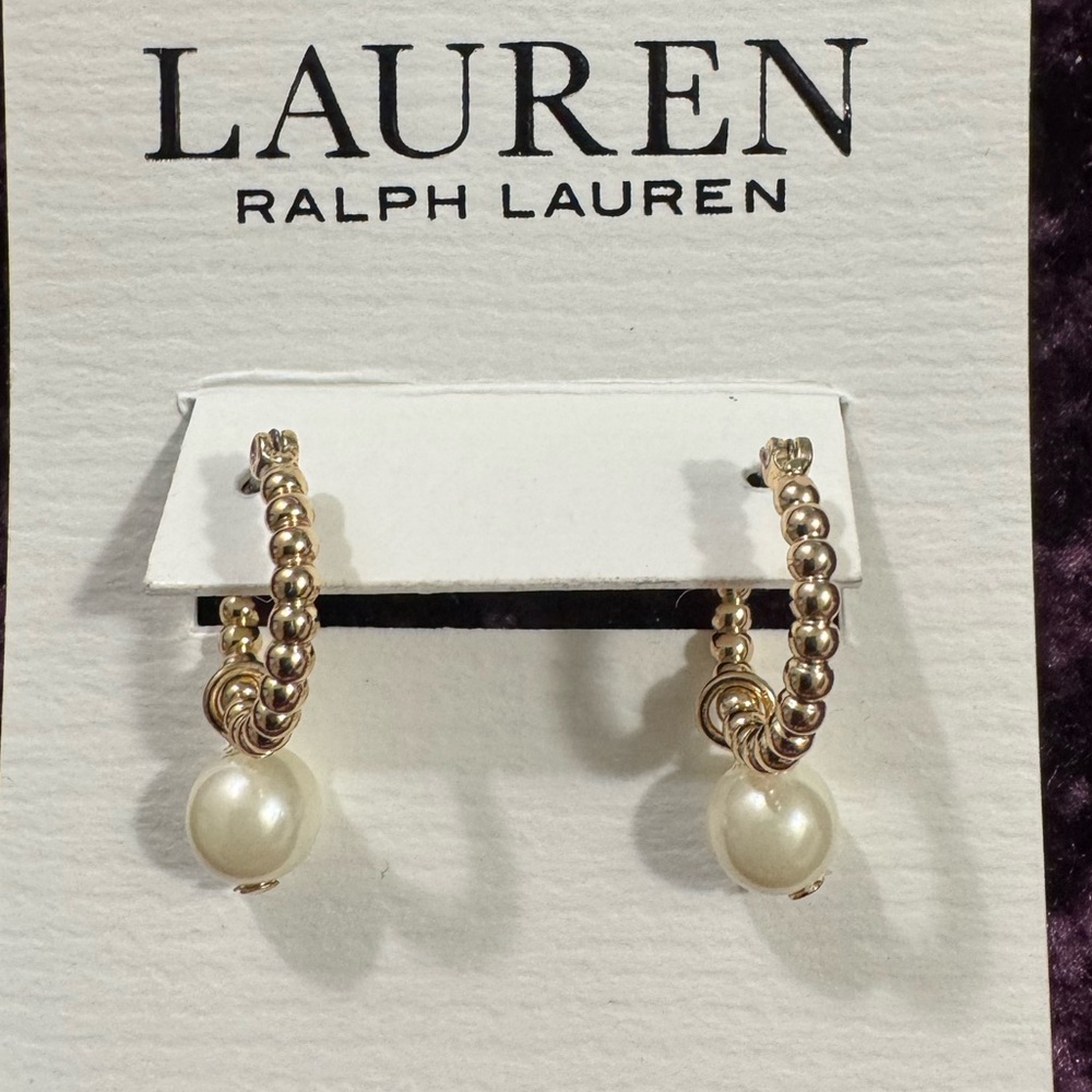 Lauren Ralph Lauren Gold Beaded Hoop Earrings with Pearl Drops
